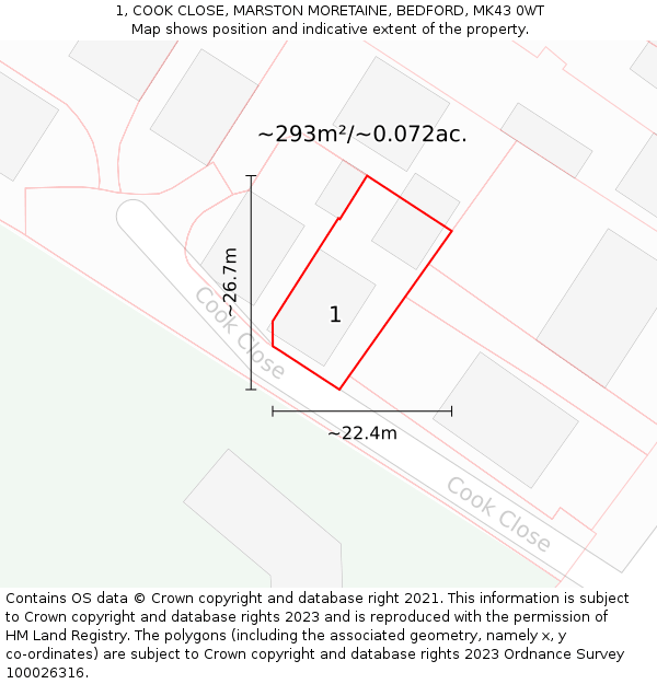 1, COOK CLOSE, MARSTON MORETAINE, BEDFORD, MK43 0WT: Plot and title map