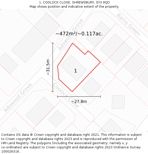 1, COOLOCK CLOSE, SHREWSBURY, SY3 9QD: Plot and title map