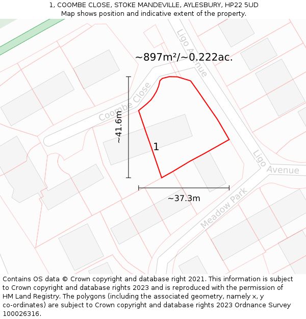 1, COOMBE CLOSE, STOKE MANDEVILLE, AYLESBURY, HP22 5UD: Plot and title map