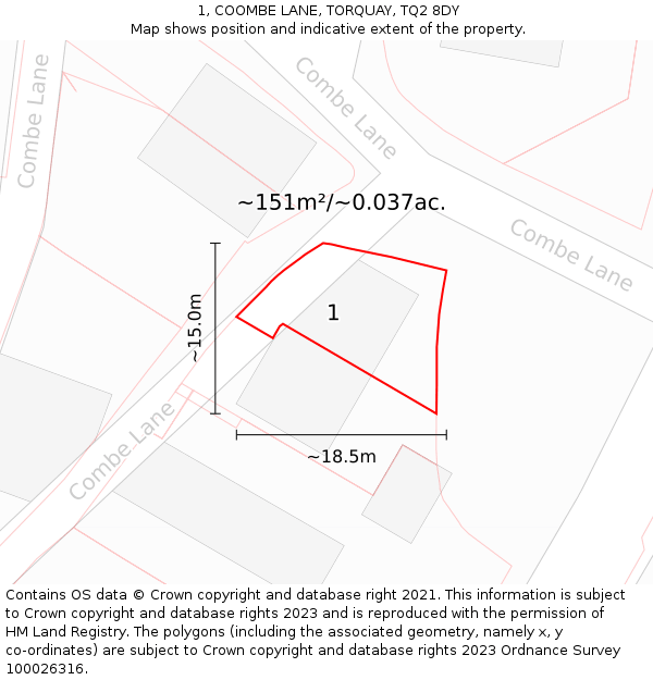 1, COOMBE LANE, TORQUAY, TQ2 8DY: Plot and title map