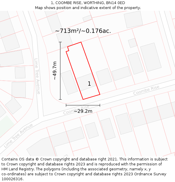 1, COOMBE RISE, WORTHING, BN14 0ED: Plot and title map