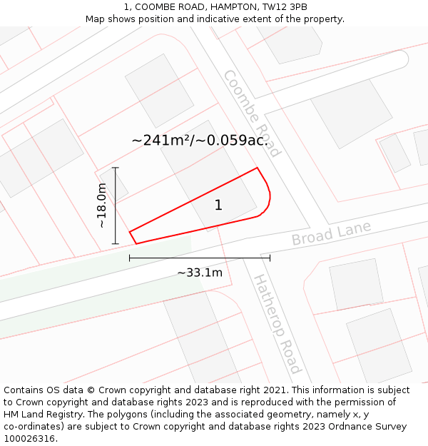 1, COOMBE ROAD, HAMPTON, TW12 3PB: Plot and title map