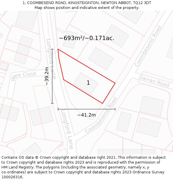 1, COOMBESEND ROAD, KINGSTEIGNTON, NEWTON ABBOT, TQ12 3DT: Plot and title map