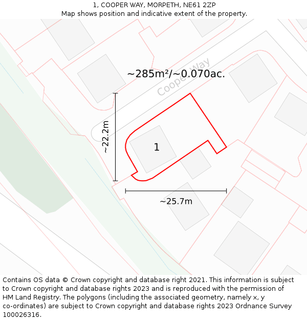 1, COOPER WAY, MORPETH, NE61 2ZP: Plot and title map