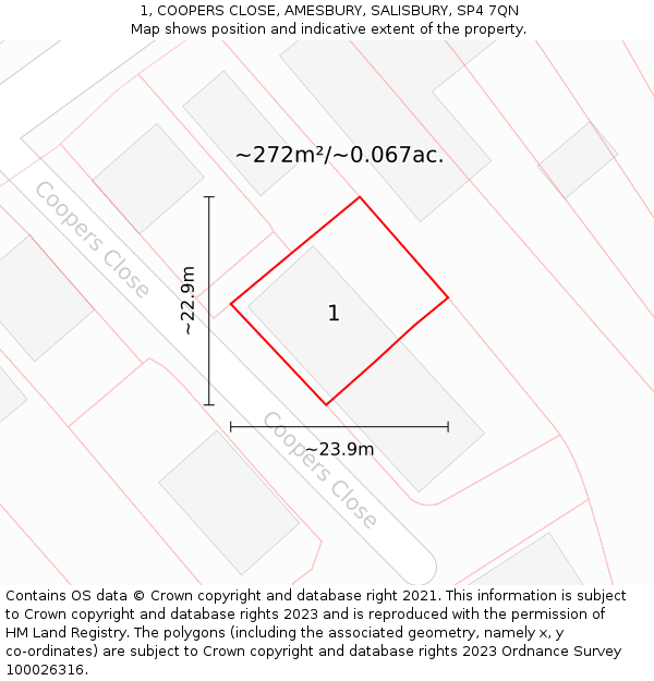 1, COOPERS CLOSE, AMESBURY, SALISBURY, SP4 7QN: Plot and title map