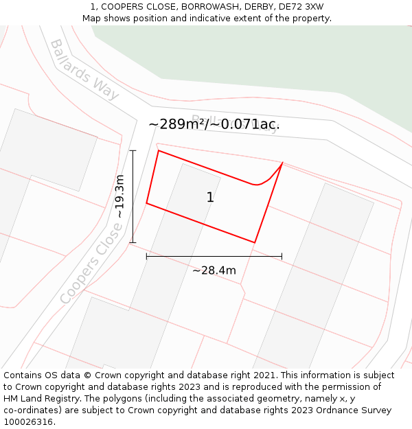 1, COOPERS CLOSE, BORROWASH, DERBY, DE72 3XW: Plot and title map