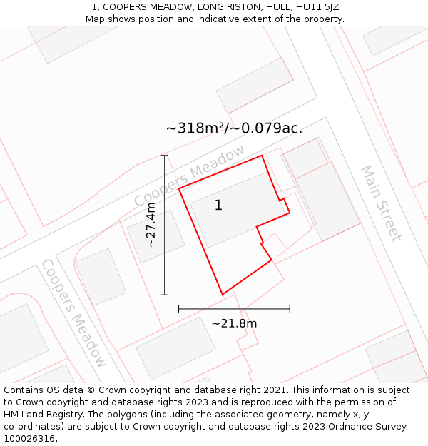 1, COOPERS MEADOW, LONG RISTON, HULL, HU11 5JZ: Plot and title map