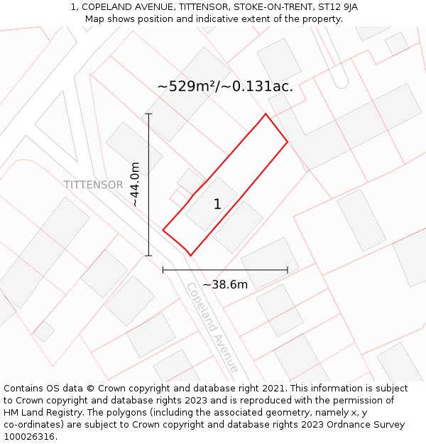 1, COPELAND AVENUE, TITTENSOR, STOKE-ON-TRENT, ST12 9JA: Plot and title map