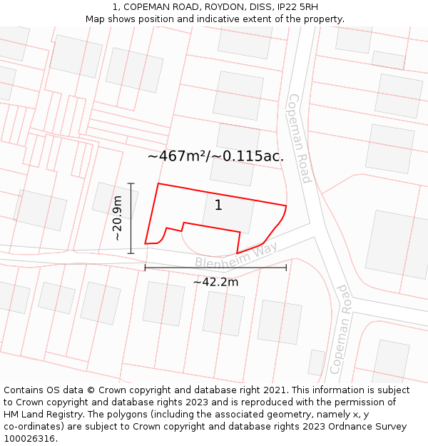 1, COPEMAN ROAD, ROYDON, DISS, IP22 5RH: Plot and title map