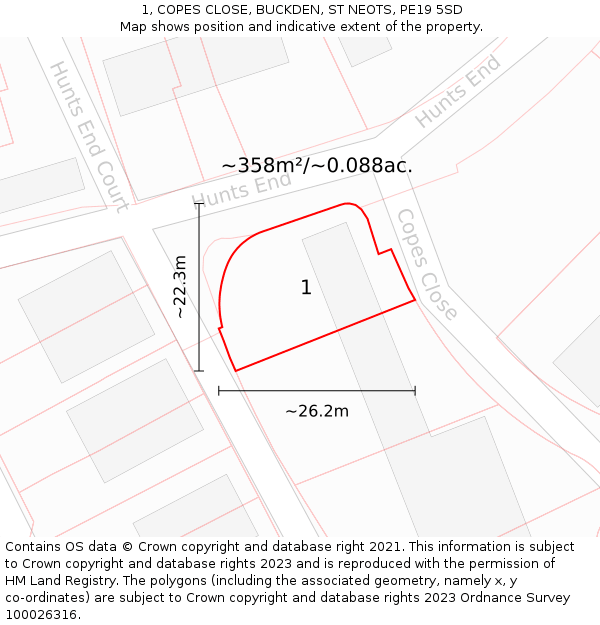 1, COPES CLOSE, BUCKDEN, ST NEOTS, PE19 5SD: Plot and title map