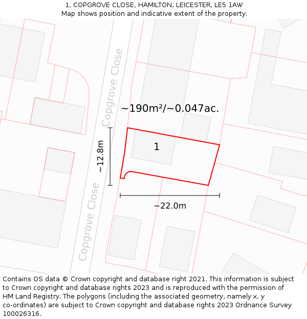 1, COPGROVE CLOSE, HAMILTON, LEICESTER, LE5 1AW: Plot and title map