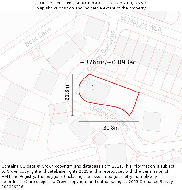 1, COPLEY GARDENS, SPROTBROUGH, DONCASTER, DN5 7JH: Plot and title map
