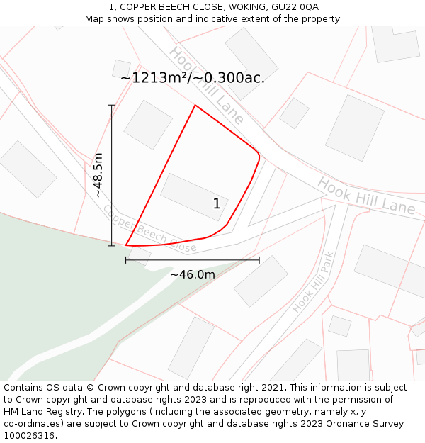 1, COPPER BEECH CLOSE, WOKING, GU22 0QA: Plot and title map