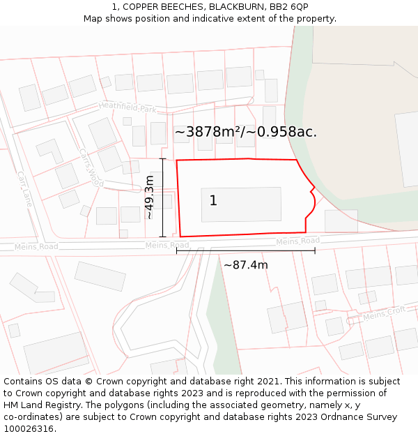1, COPPER BEECHES, BLACKBURN, BB2 6QP: Plot and title map