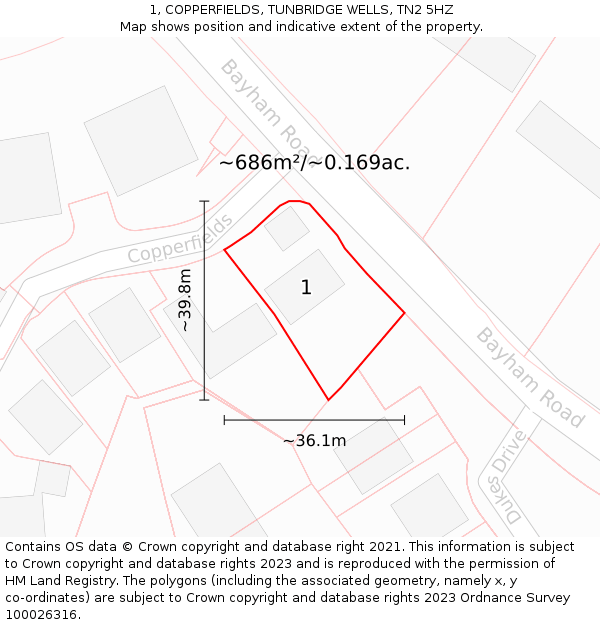 1, COPPERFIELDS, TUNBRIDGE WELLS, TN2 5HZ: Plot and title map