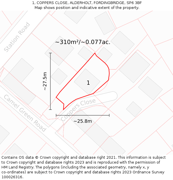 1, COPPERS CLOSE, ALDERHOLT, FORDINGBRIDGE, SP6 3BF: Plot and title map
