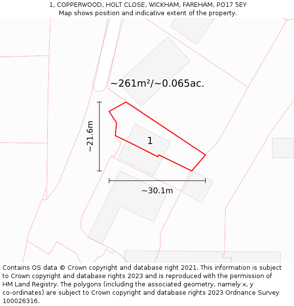 1, COPPERWOOD, HOLT CLOSE, WICKHAM, FAREHAM, PO17 5EY: Plot and title map