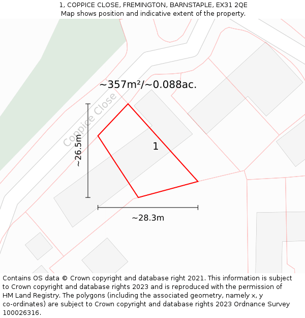 1, COPPICE CLOSE, FREMINGTON, BARNSTAPLE, EX31 2QE: Plot and title map