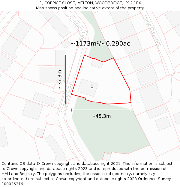 1, COPPICE CLOSE, MELTON, WOODBRIDGE, IP12 1RX: Plot and title map