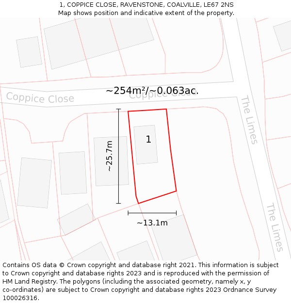 1, COPPICE CLOSE, RAVENSTONE, COALVILLE, LE67 2NS: Plot and title map