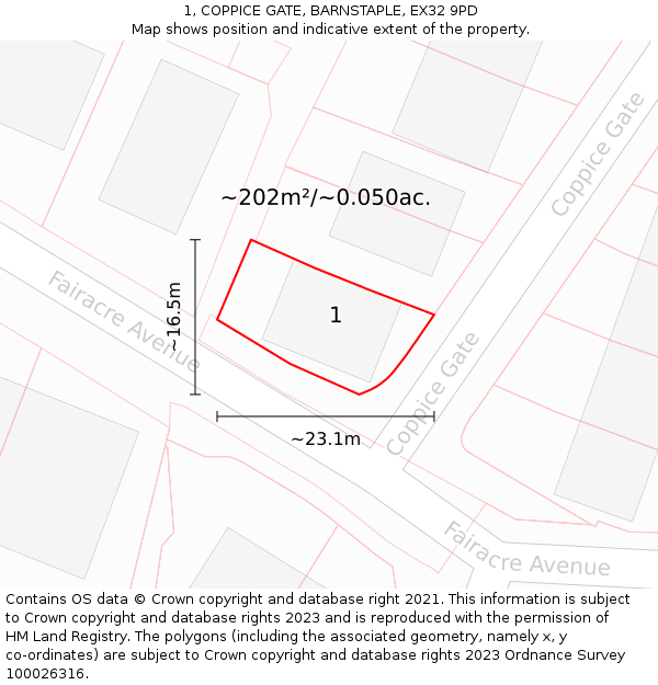1, COPPICE GATE, BARNSTAPLE, EX32 9PD: Plot and title map