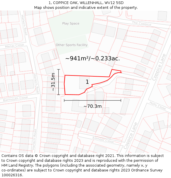 1, COPPICE OAK, WILLENHALL, WV12 5SD: Plot and title map