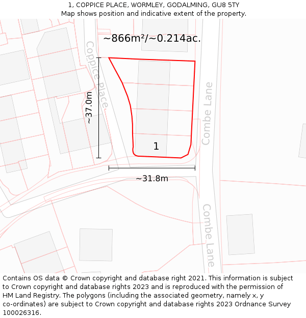 1, COPPICE PLACE, WORMLEY, GODALMING, GU8 5TY: Plot and title map