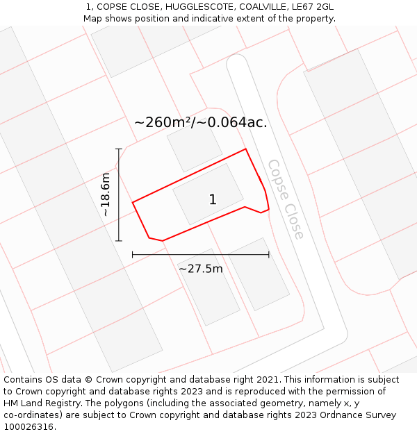 1, COPSE CLOSE, HUGGLESCOTE, COALVILLE, LE67 2GL: Plot and title map