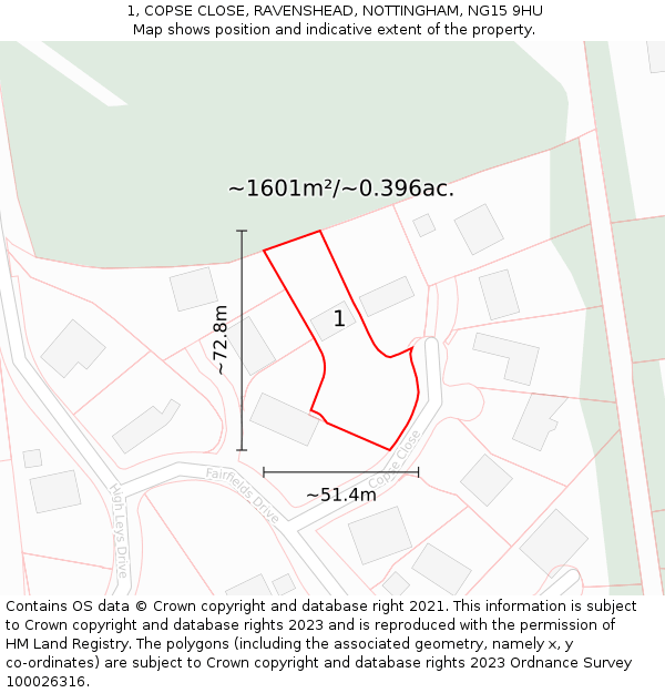 1, COPSE CLOSE, RAVENSHEAD, NOTTINGHAM, NG15 9HU: Plot and title map