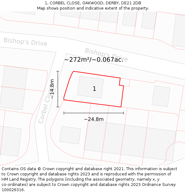 1, CORBEL CLOSE, OAKWOOD, DERBY, DE21 2DB: Plot and title map