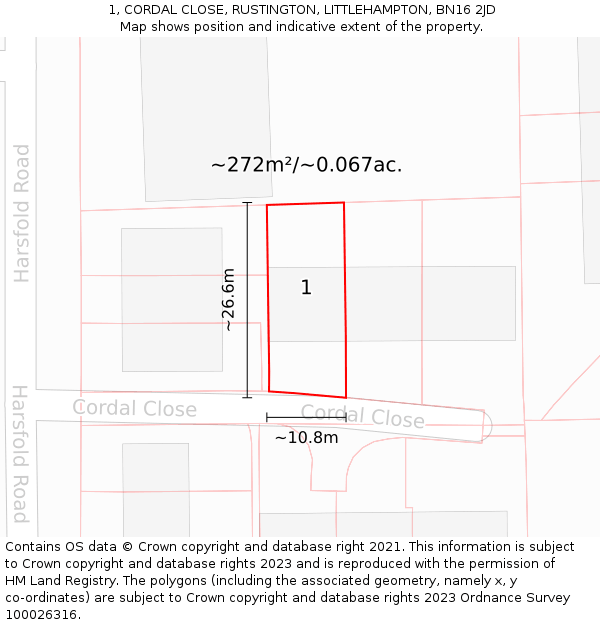 1, CORDAL CLOSE, RUSTINGTON, LITTLEHAMPTON, BN16 2JD: Plot and title map