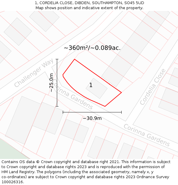 1, CORDELIA CLOSE, DIBDEN, SOUTHAMPTON, SO45 5UD: Plot and title map
