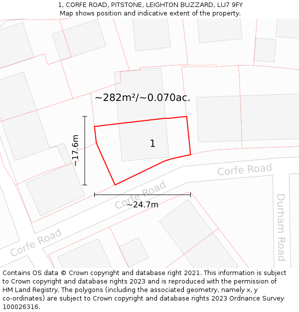 1, CORFE ROAD, PITSTONE, LEIGHTON BUZZARD, LU7 9FY: Plot and title map