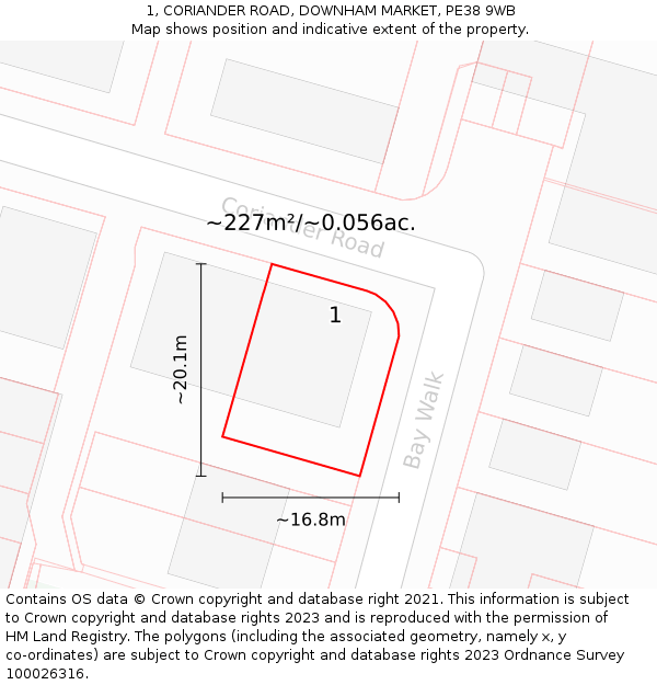 1, CORIANDER ROAD, DOWNHAM MARKET, PE38 9WB: Plot and title map