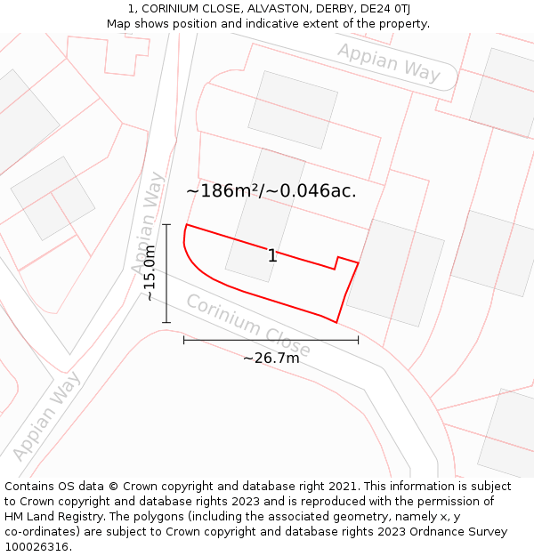 1, CORINIUM CLOSE, ALVASTON, DERBY, DE24 0TJ: Plot and title map