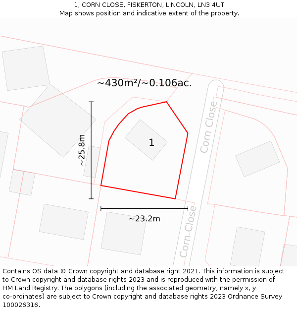 1, CORN CLOSE, FISKERTON, LINCOLN, LN3 4UT: Plot and title map