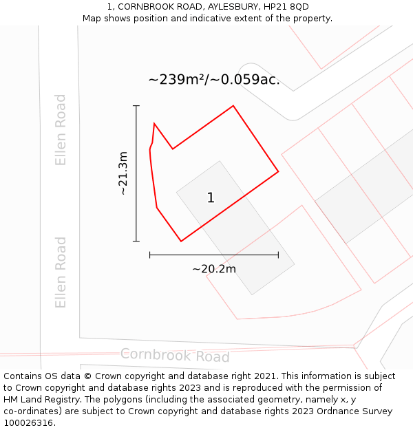 1, CORNBROOK ROAD, AYLESBURY, HP21 8QD: Plot and title map