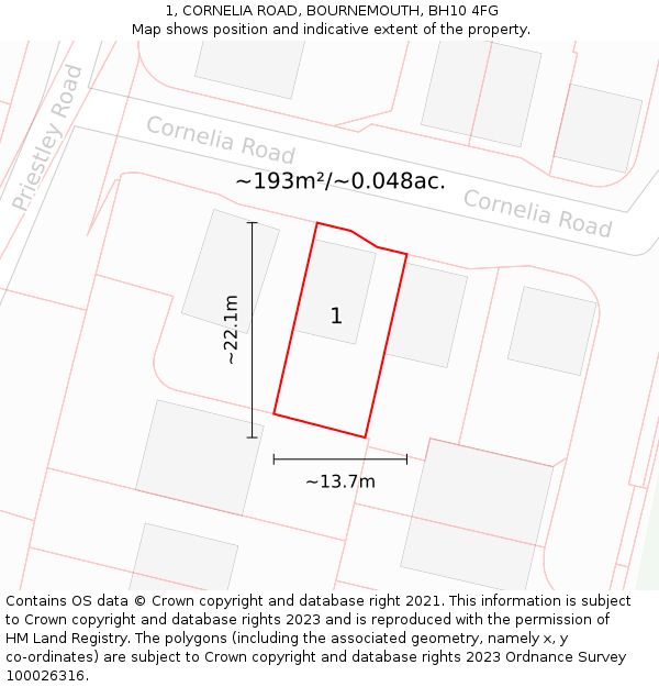 1, CORNELIA ROAD, BOURNEMOUTH, BH10 4FG: Plot and title map