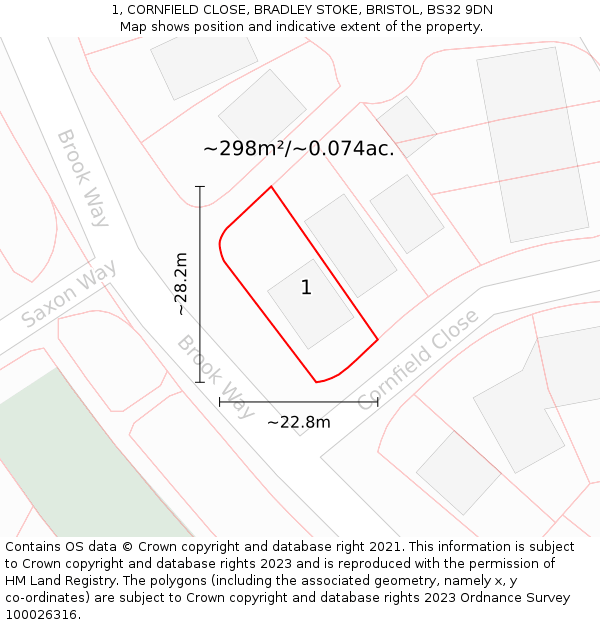 1, CORNFIELD CLOSE, BRADLEY STOKE, BRISTOL, BS32 9DN: Plot and title map