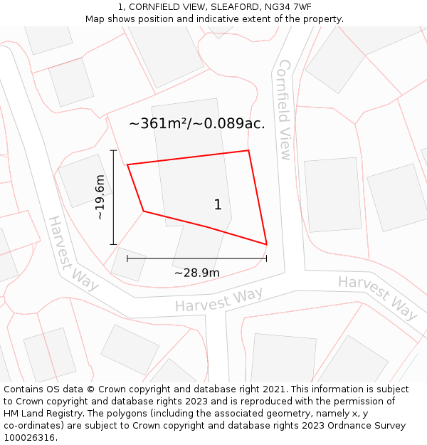 1, CORNFIELD VIEW, SLEAFORD, NG34 7WF: Plot and title map
