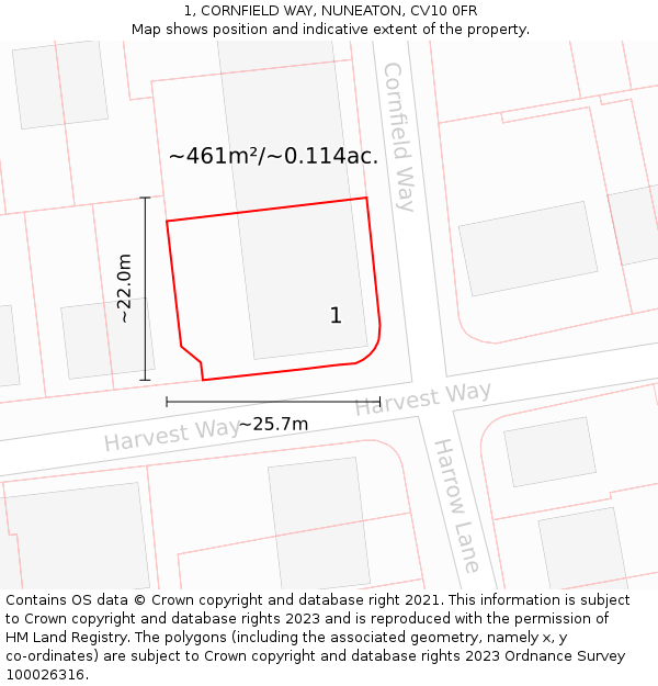 1, CORNFIELD WAY, NUNEATON, CV10 0FR: Plot and title map