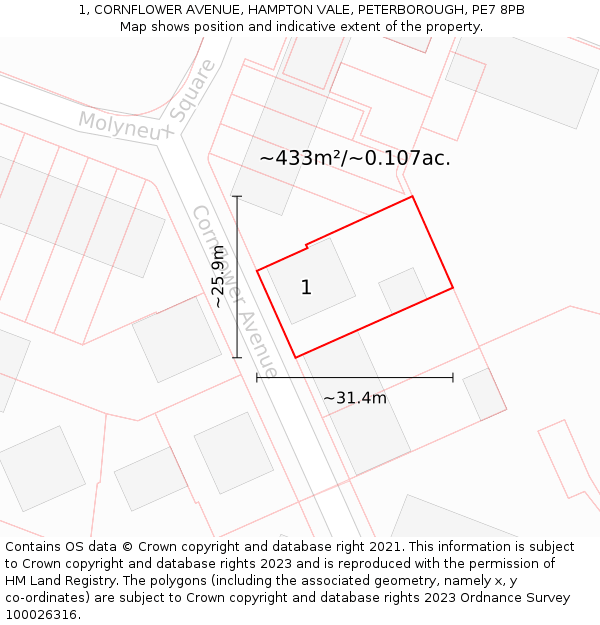1, CORNFLOWER AVENUE, HAMPTON VALE, PETERBOROUGH, PE7 8PB: Plot and title map
