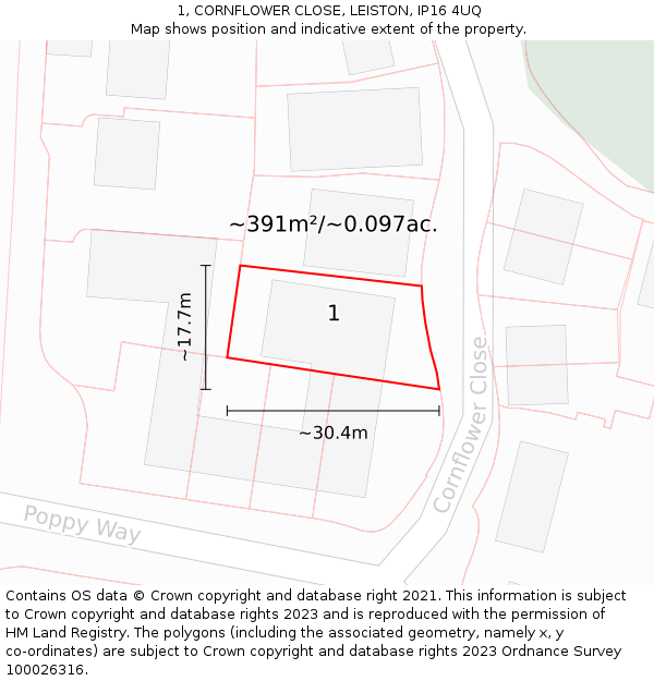 1, CORNFLOWER CLOSE, LEISTON, IP16 4UQ: Plot and title map