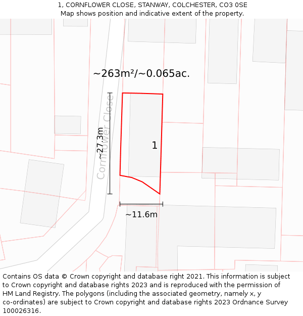 1, CORNFLOWER CLOSE, STANWAY, COLCHESTER, CO3 0SE: Plot and title map