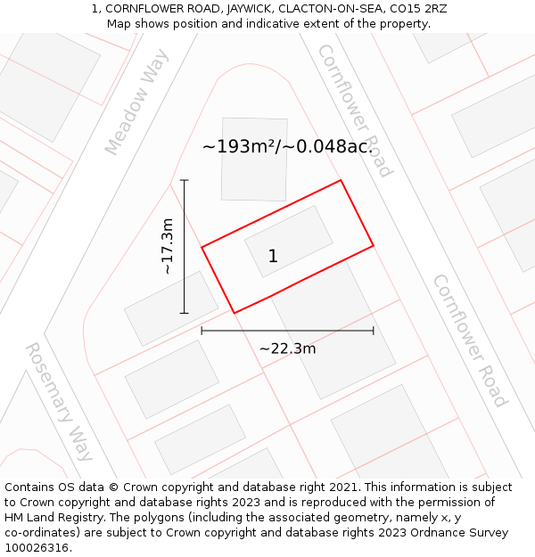 1, CORNFLOWER ROAD, JAYWICK, CLACTON-ON-SEA, CO15 2RZ: Plot and title map