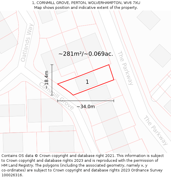 1, CORNMILL GROVE, PERTON, WOLVERHAMPTON, WV6 7XU: Plot and title map
