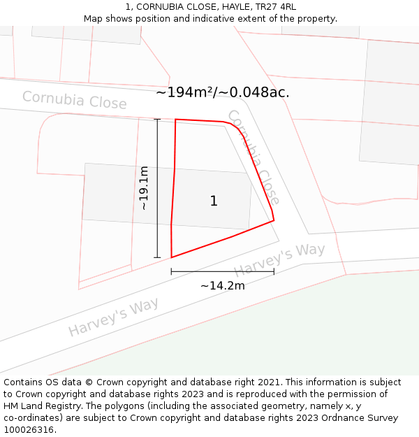 1, CORNUBIA CLOSE, HAYLE, TR27 4RL: Plot and title map