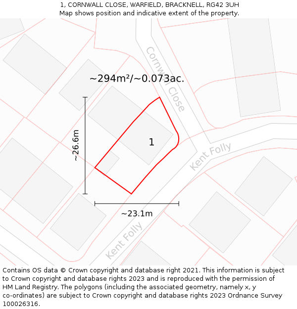1, CORNWALL CLOSE, WARFIELD, BRACKNELL, RG42 3UH: Plot and title map