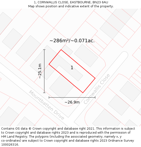 1, CORNWALLIS CLOSE, EASTBOURNE, BN23 6AU: Plot and title map