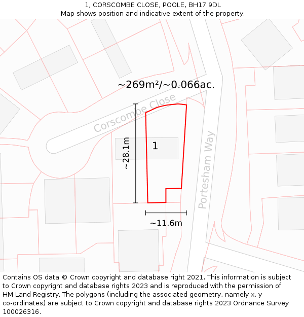 1, CORSCOMBE CLOSE, POOLE, BH17 9DL: Plot and title map